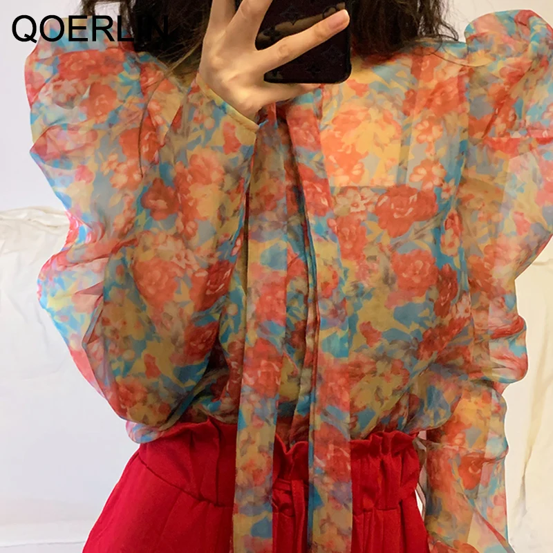 Женская прозрачная блузка с бантом QOERLIN |