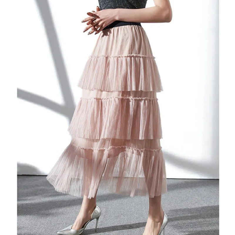 Весенне-летняя многослойная юбка-макси из фатина карамельного цвета Женская