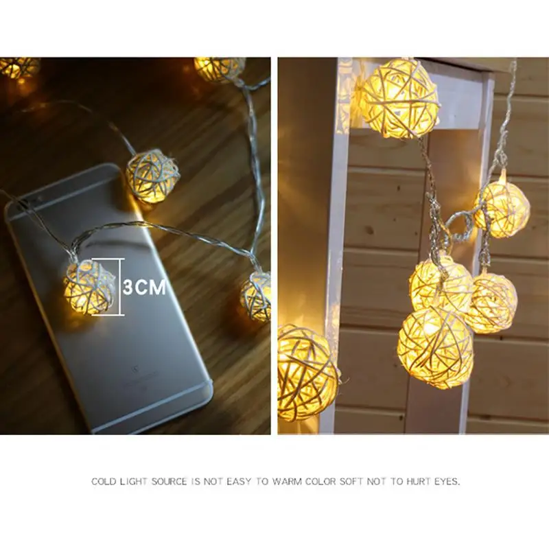

20LED Rattan Ball String Warm White Lights Romantic Decorative Fairy Light for Outdoor Indoor Holiday Christmas Lights Balls