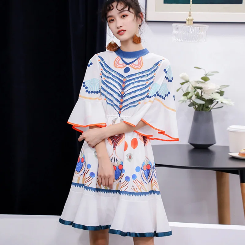 LANMREM женское платье с принтом круглым вырезом лепестками короткими рукавами и