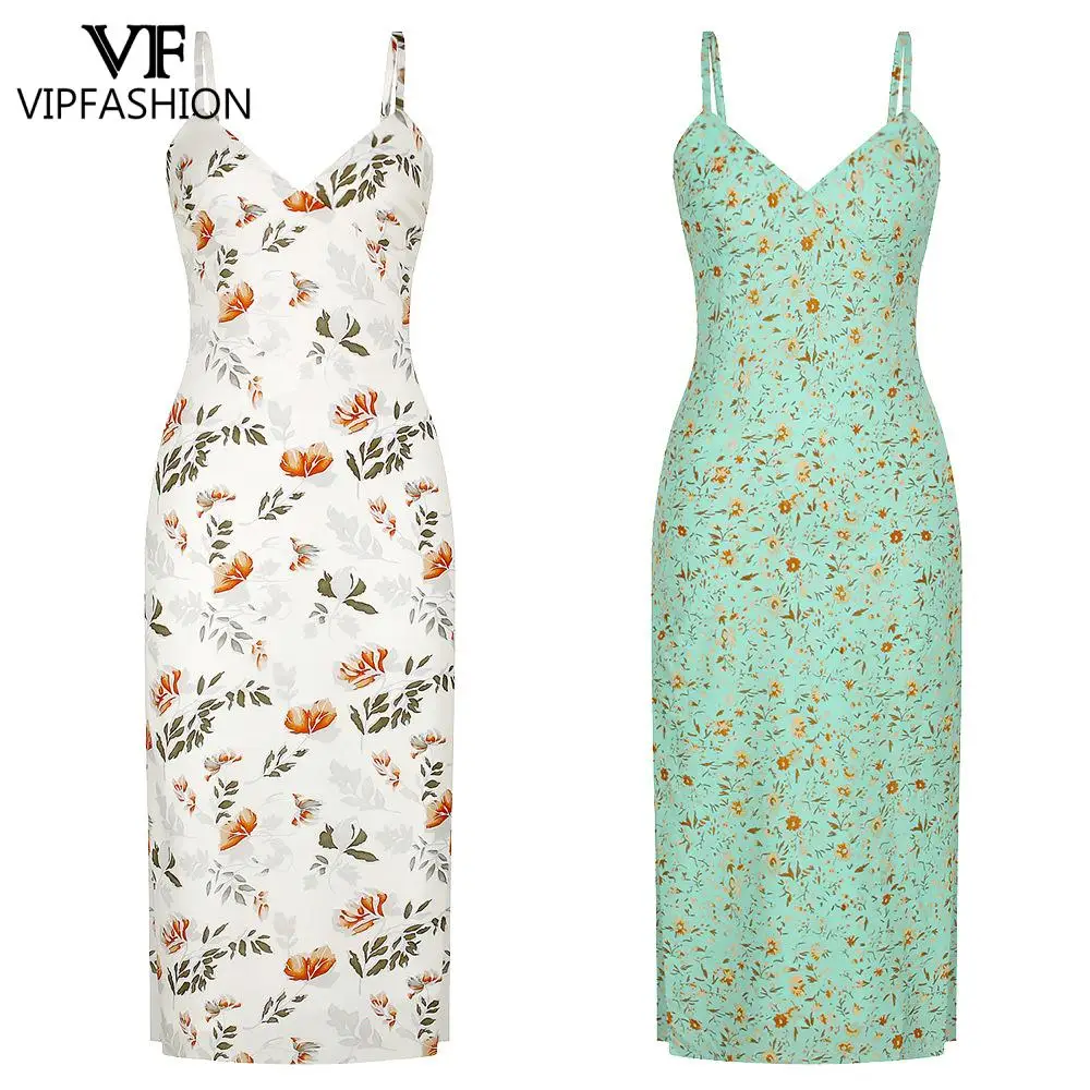 

VIP FASHION Sexy V Neck Sling Dress Floral 3D Print Side Slit Backless Clothing High Waist Slim Dress Summer Women Casual Dress