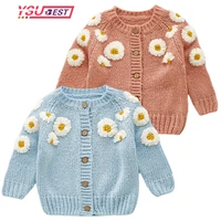knitted girls cardigan sweater flower handmade woolen kids knitwear for girl children sweater coat toddler cardigan girl clothes