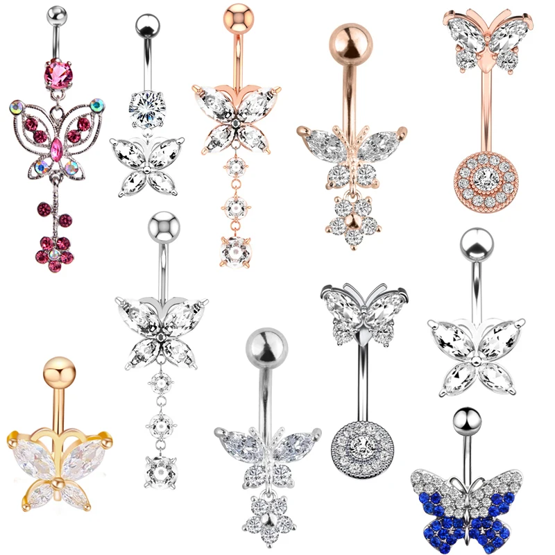 Новинка кольцо для пупка с кристаллами бабочка цветок модное пирсинг тела балка