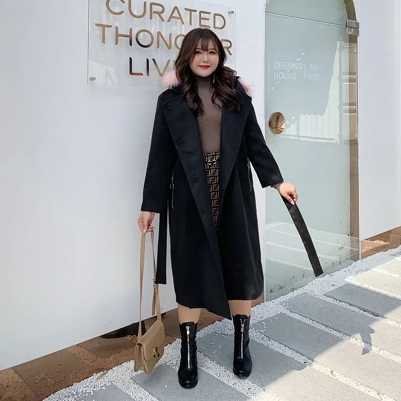 Black fake fur Женское шерстяное пальто с поясом размера плюс, новинка, Женское пальто, зима-осень, Тренч с меховым воротником, женская верхняя одежда, 5XL - Цвет: Black fake fur