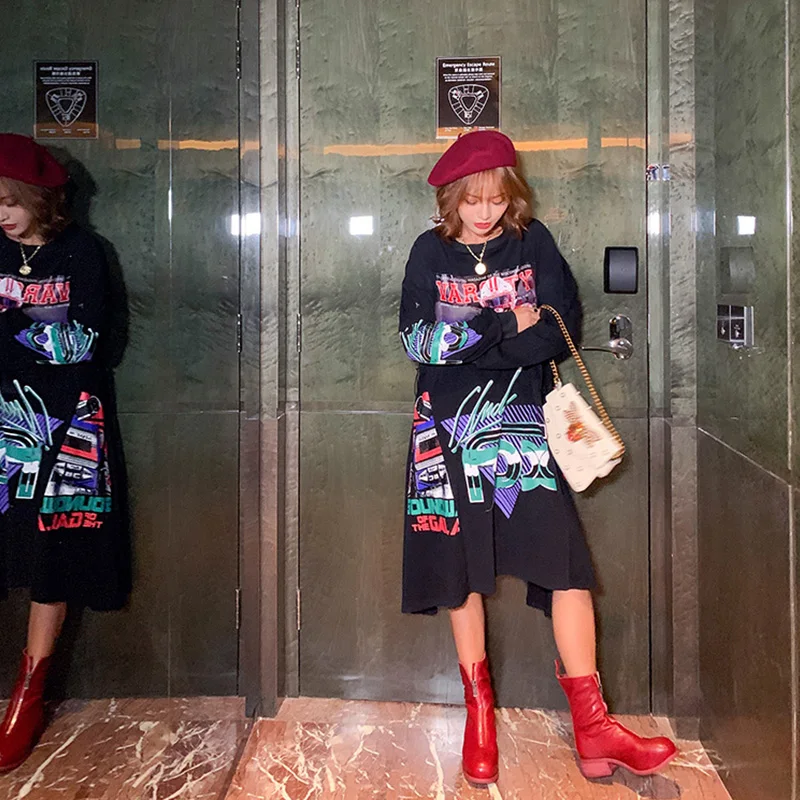 2020 осенние платья с длинным рукавом модные женские мультяшным принтом и