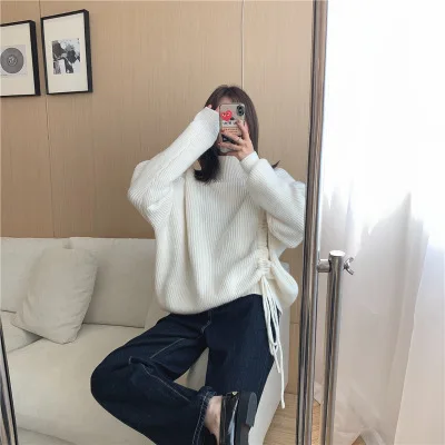 

New Autumn/winter 2020 South Korea solid color turtleneck side rope design blouse thickened pullover sweater