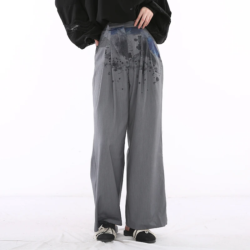 

[EAM] High Waist Gray Print Spliced Long Wide Leg Trousers New Loose Fit Pants Women Fashion Tide Spring Autumn 2021 1N31702