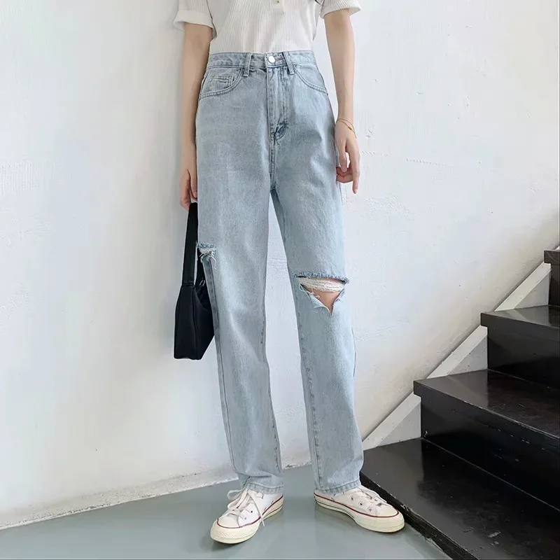 

2021 New Ripped Jeans High Waist Straight Slimming Loose Wide Leg Pants Pocket Contrast Leg Sexy Raw Edge Denim Fashion Pants
