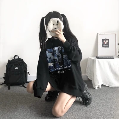 

Ladies blouse blue volcano couple cotton plus velvet black and white hooded loose blouse women autumn and winter