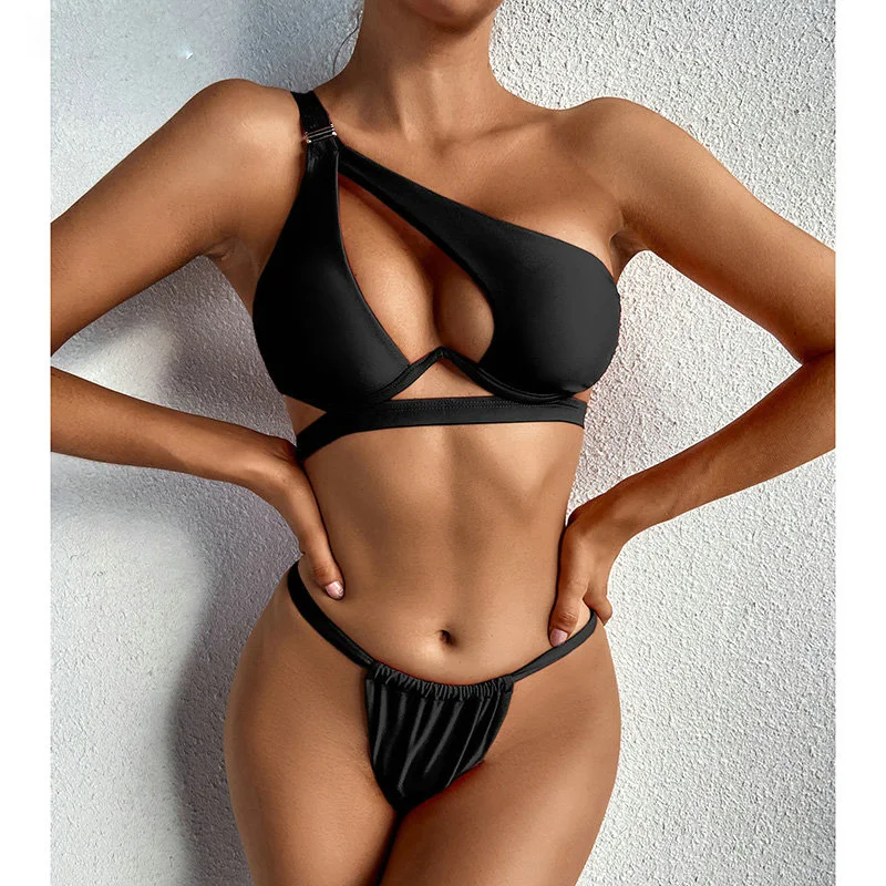 

Push Up Bikinis Women's Swimsuits Cut Out Swimwear Sexy Black Biquini Micro Thong Bathing Suits One Shoulder Bikini Set