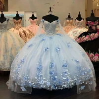 light blue long sleeves quinceanera dress with 3d appliqued off the shoulder pageant gowns vestidos de 15 a%c3%b1os