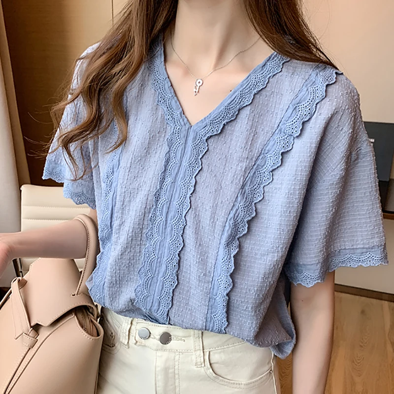 

Shintimes V-Neck Lace Pullover Blue Casual Shirts Chiffon Women Blouse Short Sleeve 2021 Summer Woman Clothes Chemisier Femme