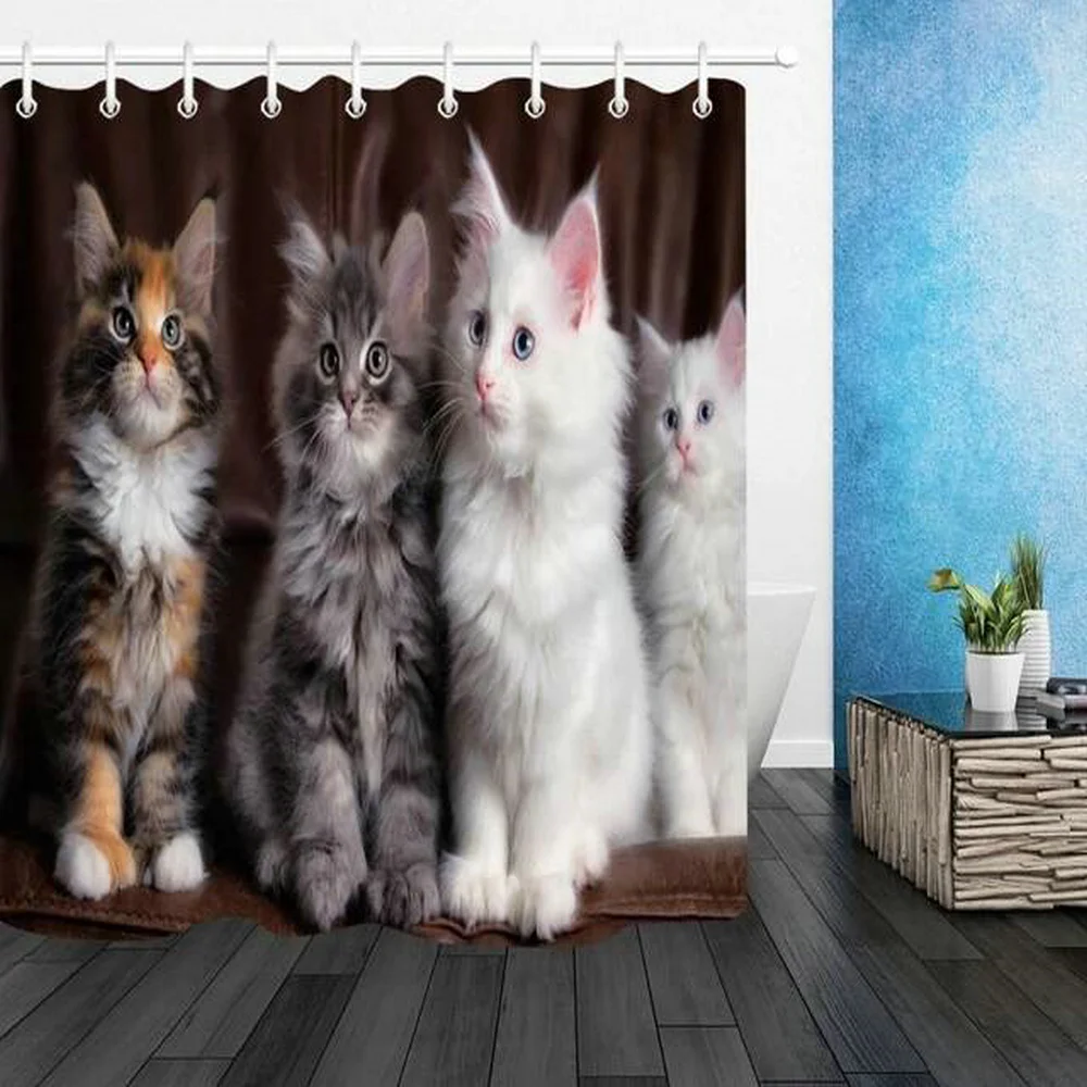 

Cute Cat Shower Curtain Set Hooks Waterproof Polyester Fabric Funny Animals Bathroom Curtains For Children Bathtub Decor Screens