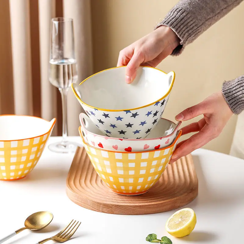 

Japanese Ramen Bowl Household Large Binaural Soup Bowls Creative Personality Cute Instant Noodle Bowl Tableware Kitchen Supplies
