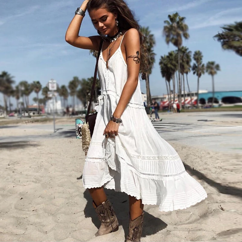 AYUALIN Платья На Бретельках для женщин хлопковые белые кружевные миди летние