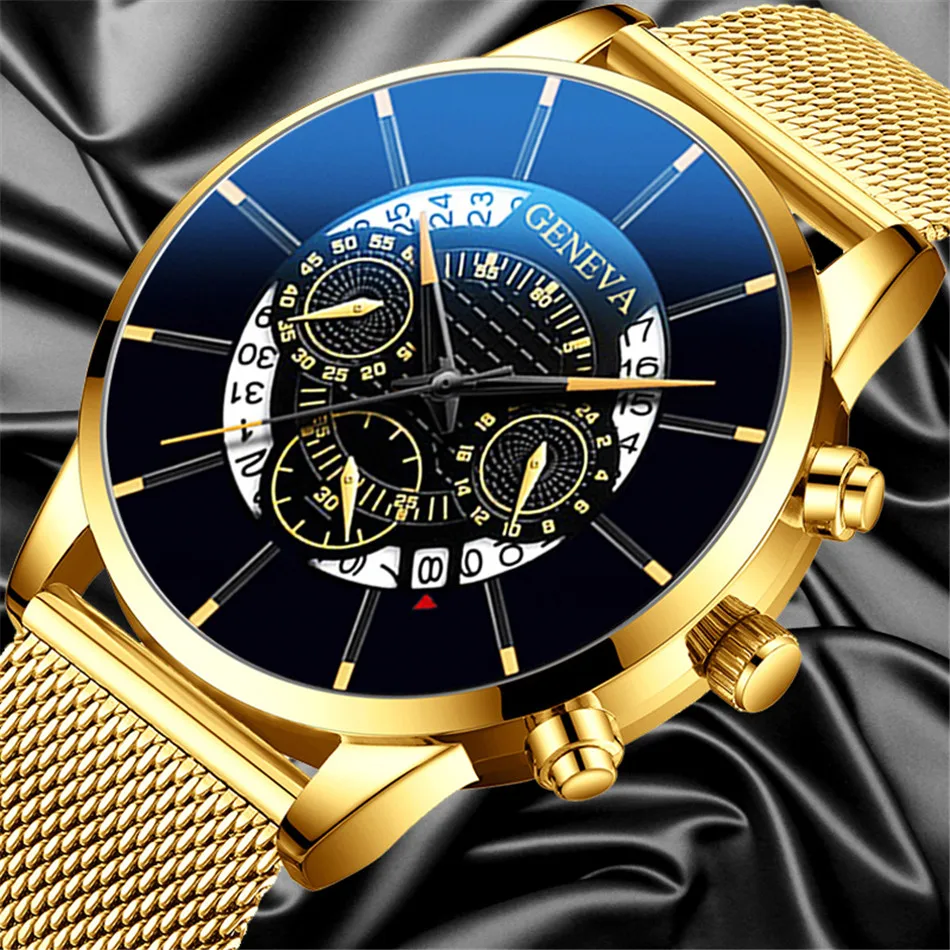 

Luxury Men's Fashion Business Calendar Watches Blue Stainless Steel Mesh Belt Analog Quartz Watch relogio masculino mens watch