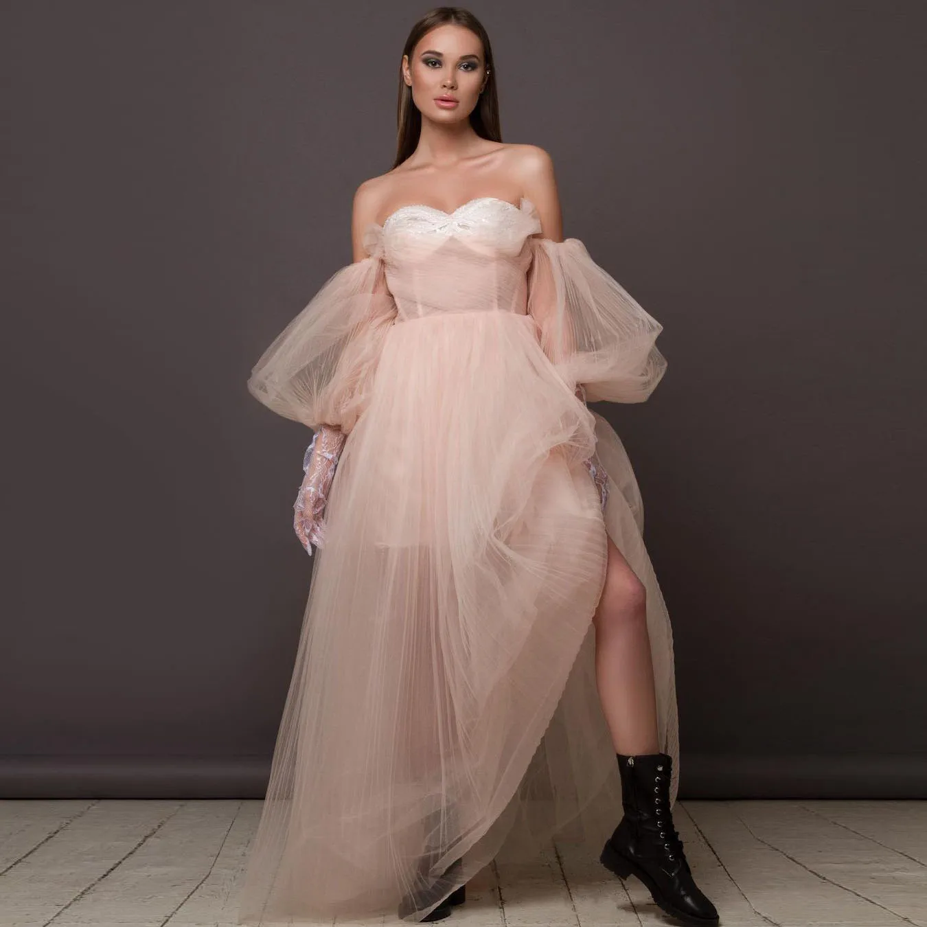 Dirty Pink Elegant Exquisite Simple Women Dress Strapless Floor Length Tulle Evening Dress Prom Dresses Plus Size Custom Made