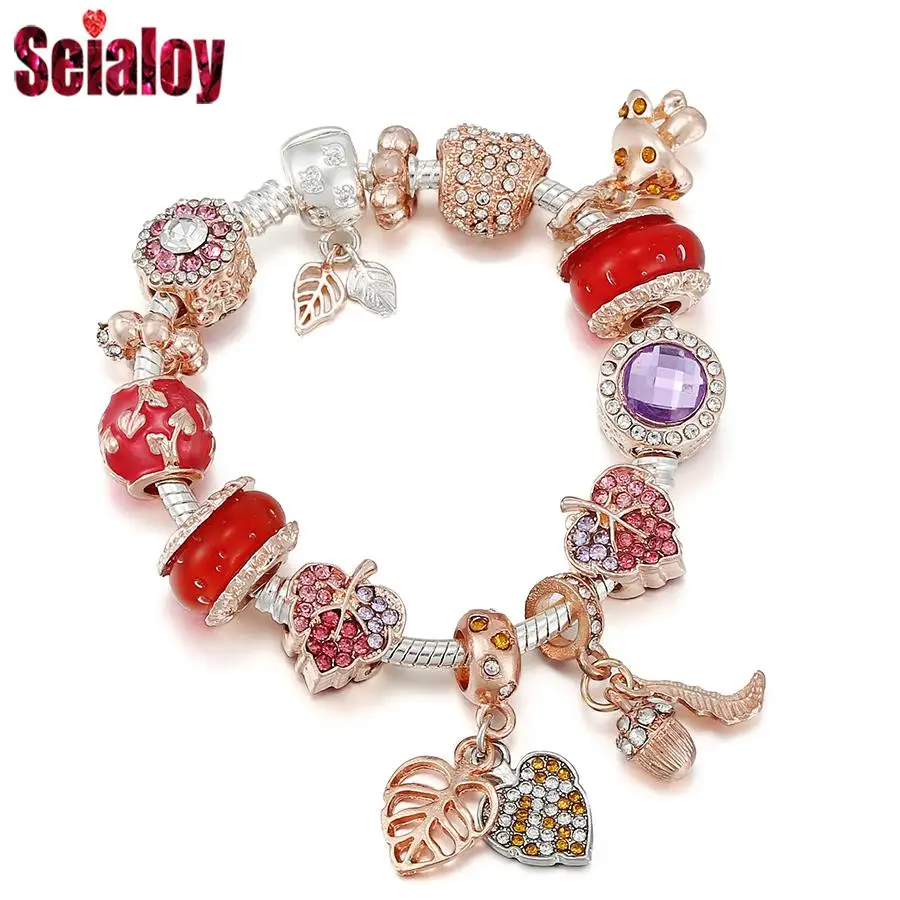 

Seialoy Fashion Rose Gold Leaf Charm Bracelets For Women Original Res Crystal Glass Beads Mushroom Pendant Bracelet Jewelry Gift