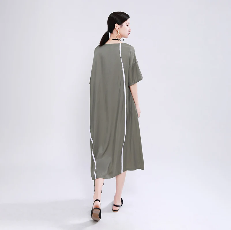 

White Striped Midi Dress Women Summer 2020 Plus Size Elegant Loose Casual Patchwork Irregular Hem Side Pockets Ribbon Streetwear