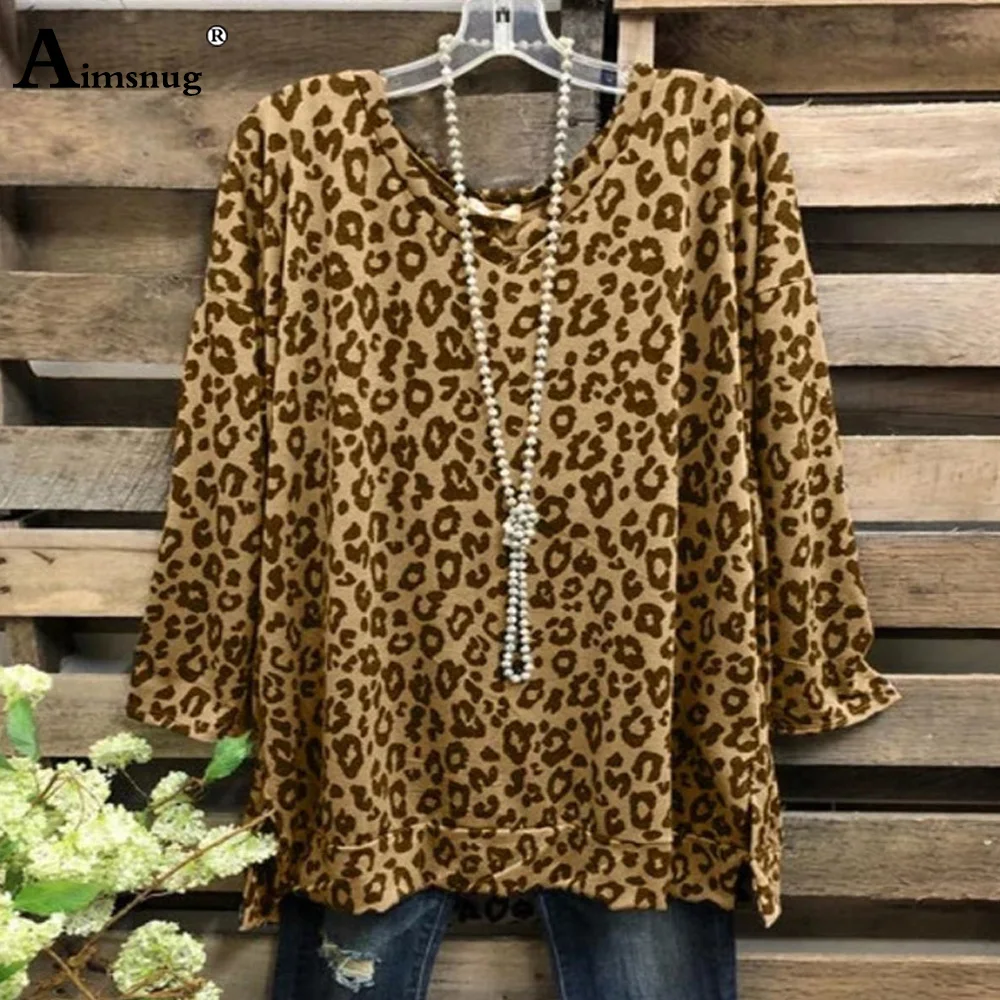 

Plus size Ladies Elegant Leisure Casual Leopard Print T-shirt Women's Top Long Sleeve 2020 Autumn New Tees Shirt Pullovers Femme