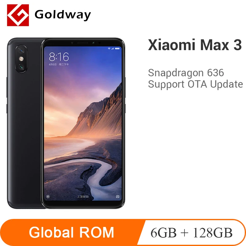 Xiaomi Mi, Макс. 3, 6 ГБ ОЗУ, 128 Гб ПЗУ, мобильный телефон, 6,9 дюймов, полный экран, Восьмиядерный процессор Snapdragon 636, 5500 мАч, 12 Мп+ 5 МП, двойная камера