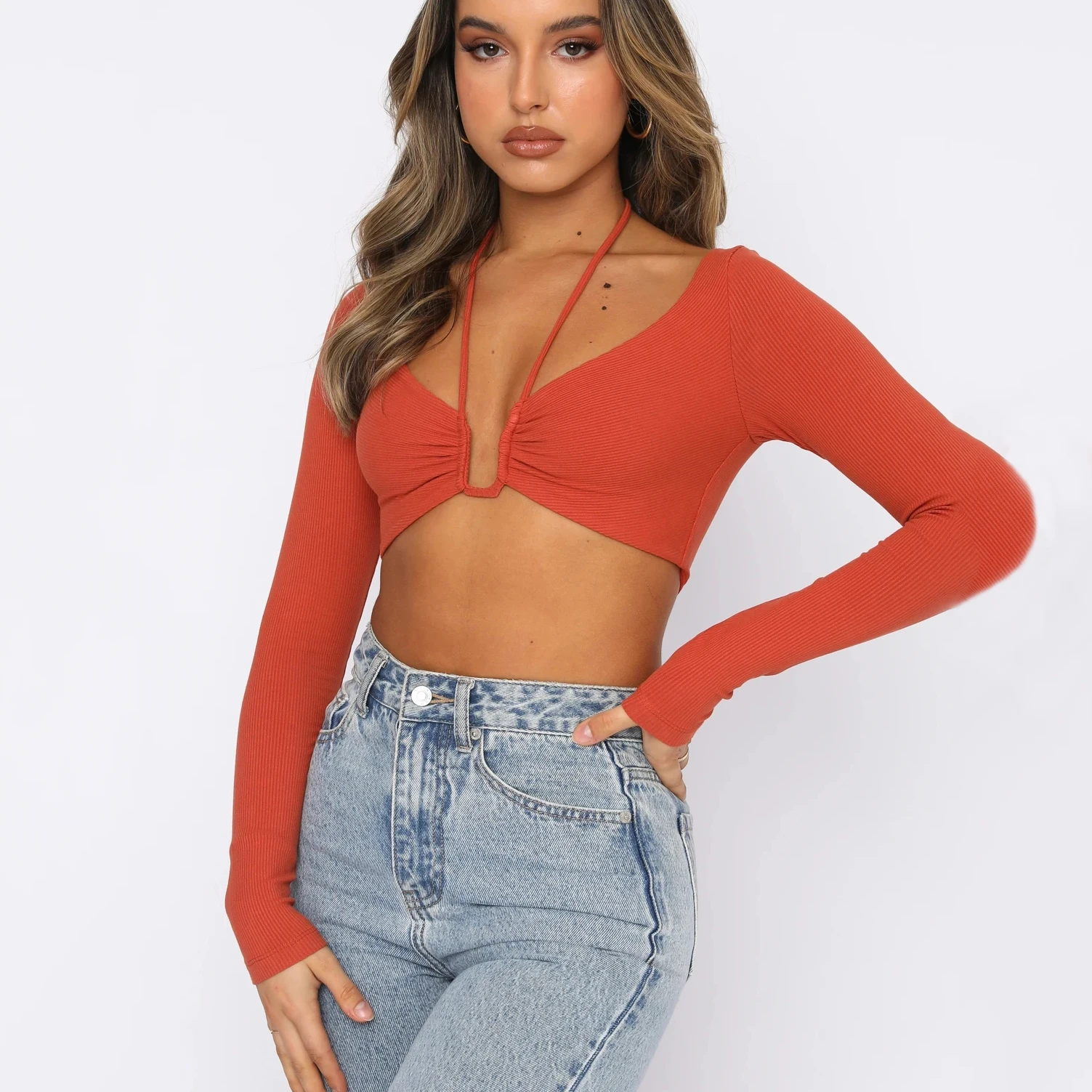 

New Long Sleeve Halter Cropped Tops 2021 Autumn Women's Fashion Hollow Out T-shirt Female Sexy Top Streetwear Clothes V2289