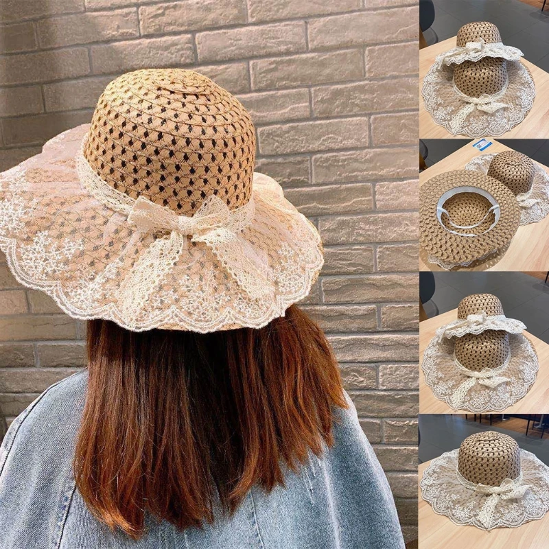 

Women Girls Summer Straw Wide Brim Sun Visor Hat Cute Floral Lace Patchwork Bowknot UV Protection Floppy Beach Cap