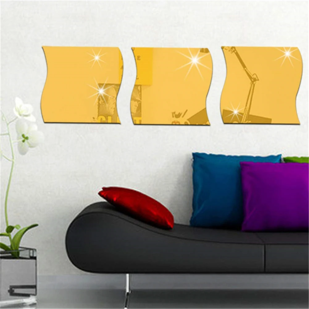 Зеркальные настенные наклейки 6 шт. 3D Волнистые квадратные клейкие для гостиной