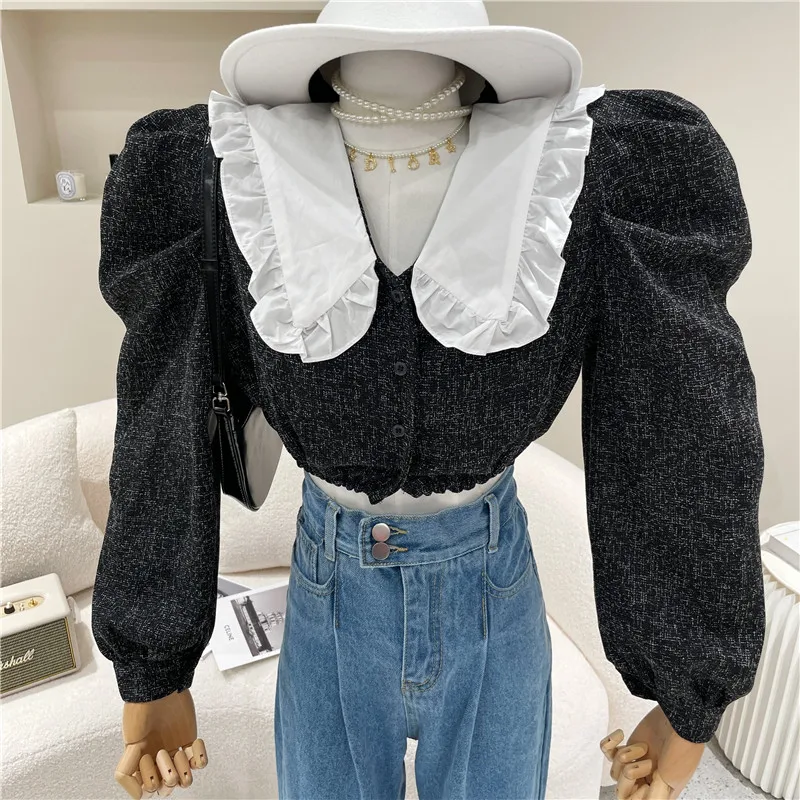 

Women's Spring Summer 2021 Fashion Sweet temperament short lace top Bubble sleeve shirt