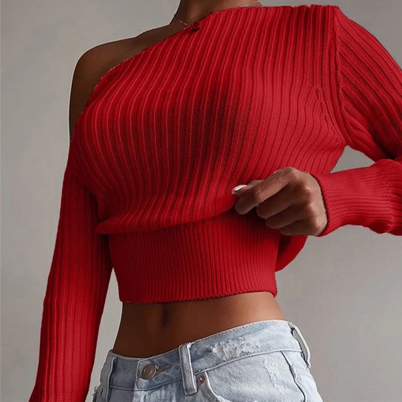Yuqung Women One Shoulder White Knitted Sweater Oblique Collar High Street Long Sleeve Pullover Female Spring Jumper | Женская одежда