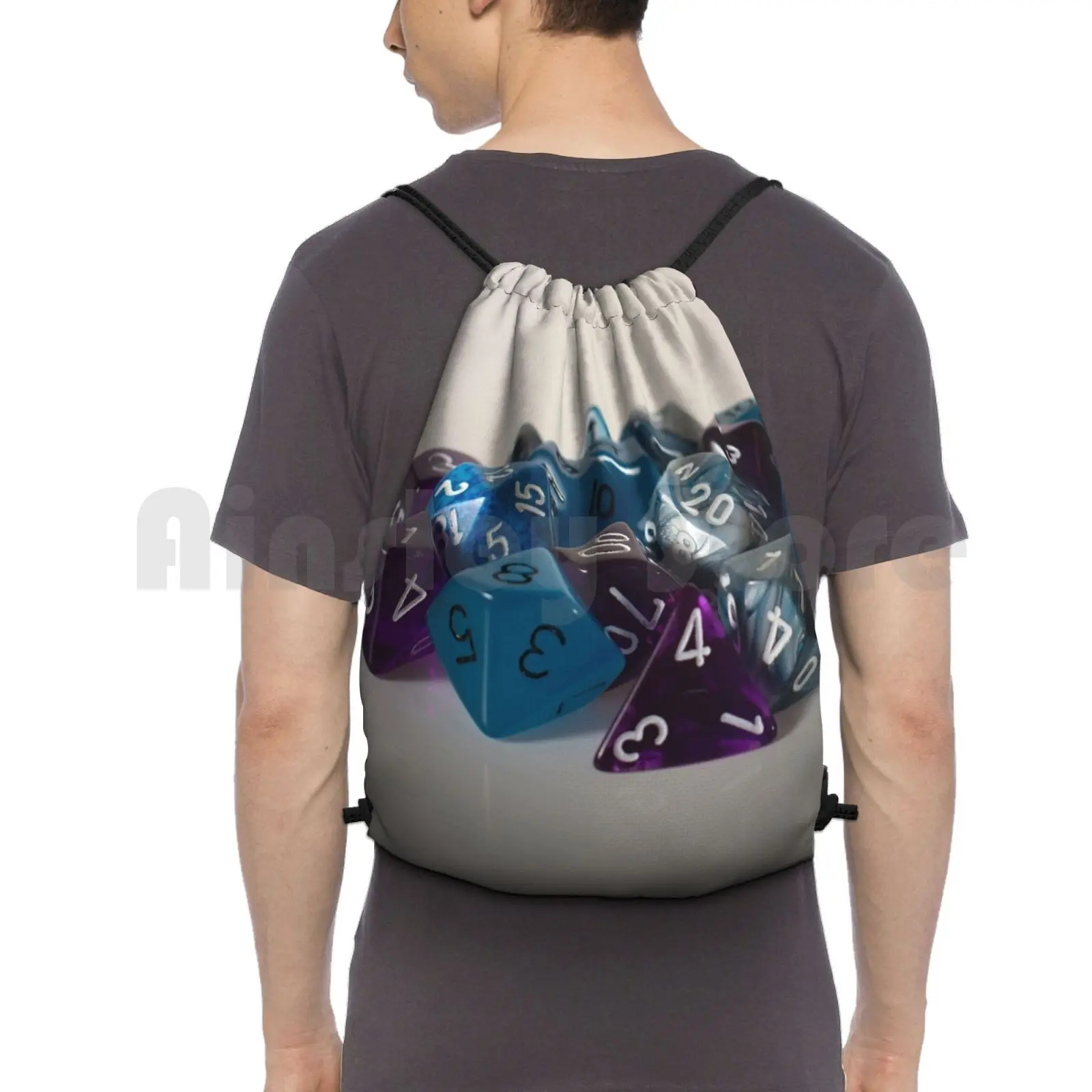 

Silver Blue Purple Dice Backpack Drawstring Bag Riding Climbing Gym Bag And Dice Games Rpg D20 Pathfinder Geek Gamer Nerd