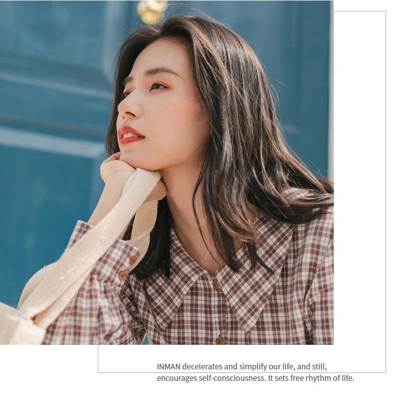 INMAN Winter New Arrival Literary Retro 100%Cotton Doll Collar Plaid Loose Long Sleeve Women Blouse