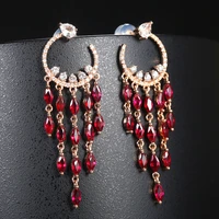vintage 18k gold tassels long red garnet dangle earrings for woman girl cz stone pendant drop earrings trendy party jewelry