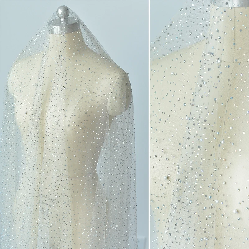 

Rhinestones+beads net tulle mesh lace fabric, luxury wedding gowns, veils making lace 11 colors in stock 2020 NEW beading tulle