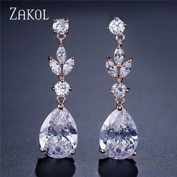 Rose Gold Color ZAKOL Мода AAA кубический циркон Висячие серьги для женщин белый цвет листьев Свадебные украшения с фабрики FSEP4004 - Окраска металла: Rose Gold Color