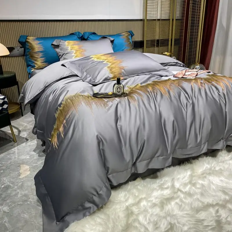 

Sumptuous European Embroidery Bedding Set Long Staple Cotton Bed Sheet Solid Color Satin Duvet Cover Pillowcase King Queen 4 PCS