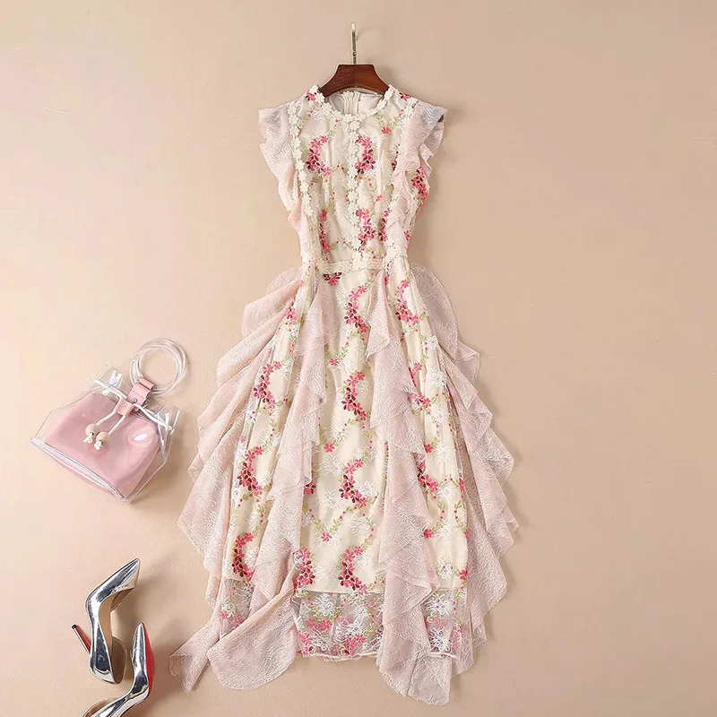 

2021 Spring Summer Dress Knee Length Sleeveless Empire Crew Neck Flora Print Fashion Dress Embroidery Pink