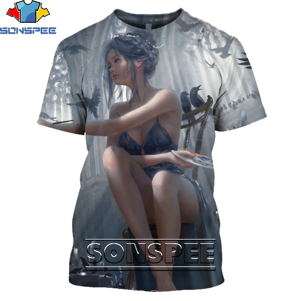

SONSPEE Game Sexy Beauty Pattern 3D Printing T-Shirt Otaku Round Neck Custom Short-Sleeved Men's New Summer Personality Trend To