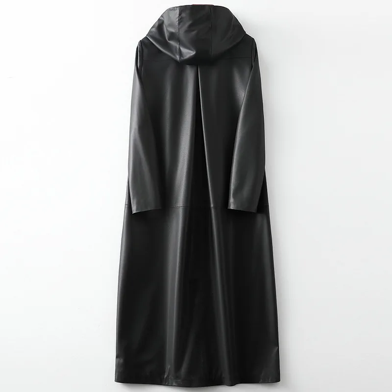 2021 Spring Black Hooded High Quality Sheepskin Coat Women's New Genuine  Leather Jacket Long Simple Single Breasted Windbreaker