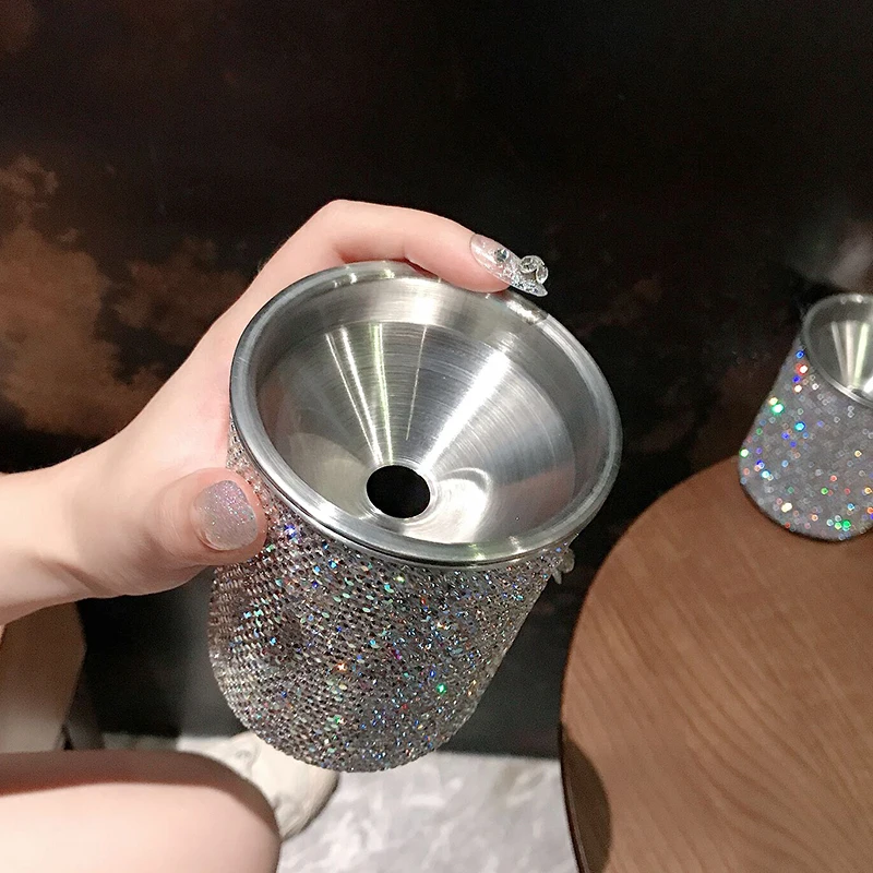 

Shiny ashtray cigarette holder detachable stainless steel ash tray with lid anti fly ash diamond ash trough cute ashtray gift