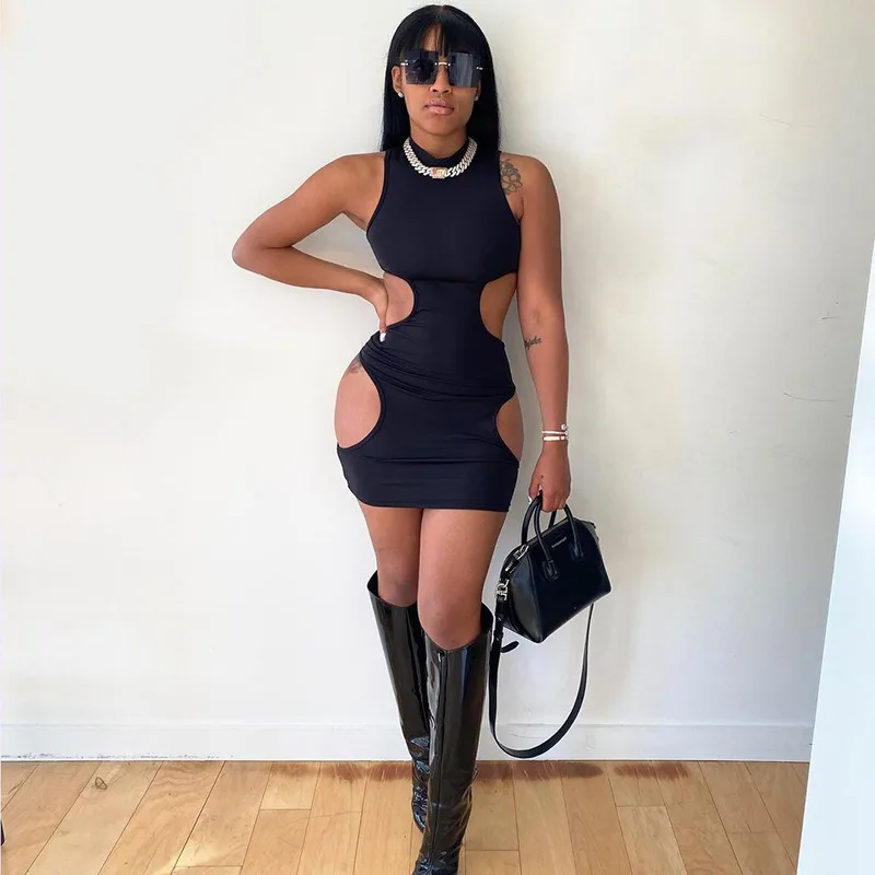 

Black Cutout Women Sheer Mini Dress Off Shoulder Turtleneck Skinny Sexy Night Club Party Outfits 2021 Summer Workout Activewear