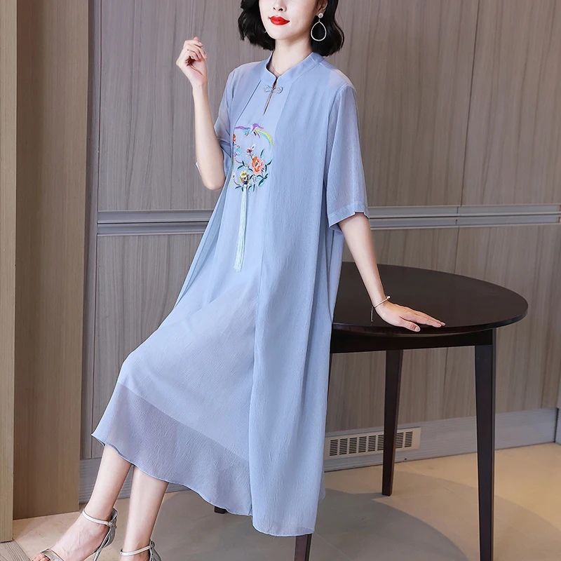 

Plus Size Dresses Chinese Style Women Summer Vintage Embroidery Stand Collar Elegant A Line Improved Cheongsam