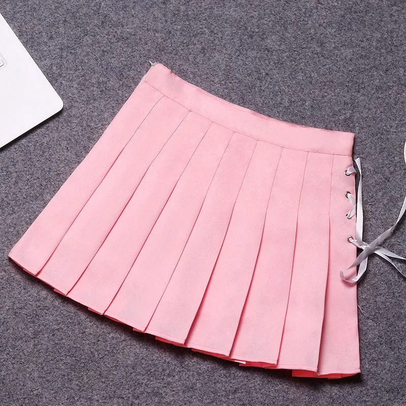 Women Pleated Skirt Summer Solid A Line High Waist Mini Skirts Harajuku Gothic Punk Hip Hop Bow Lace-Up Preppy Girls Sexy | Женская