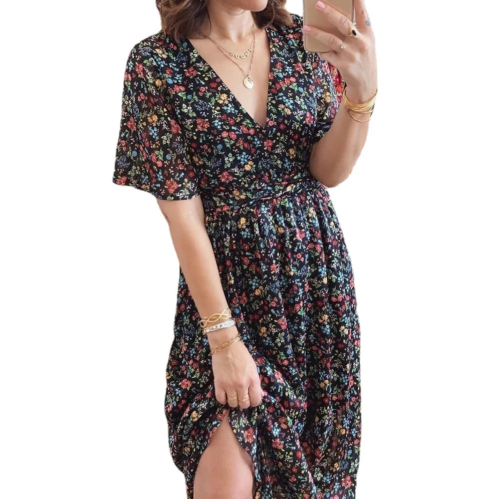 

WEPBEL Floral Print Dress Women's Casual Backless Loose Dress Summer Short Sleeve V-neck Vintage High Waist Pleated Dress