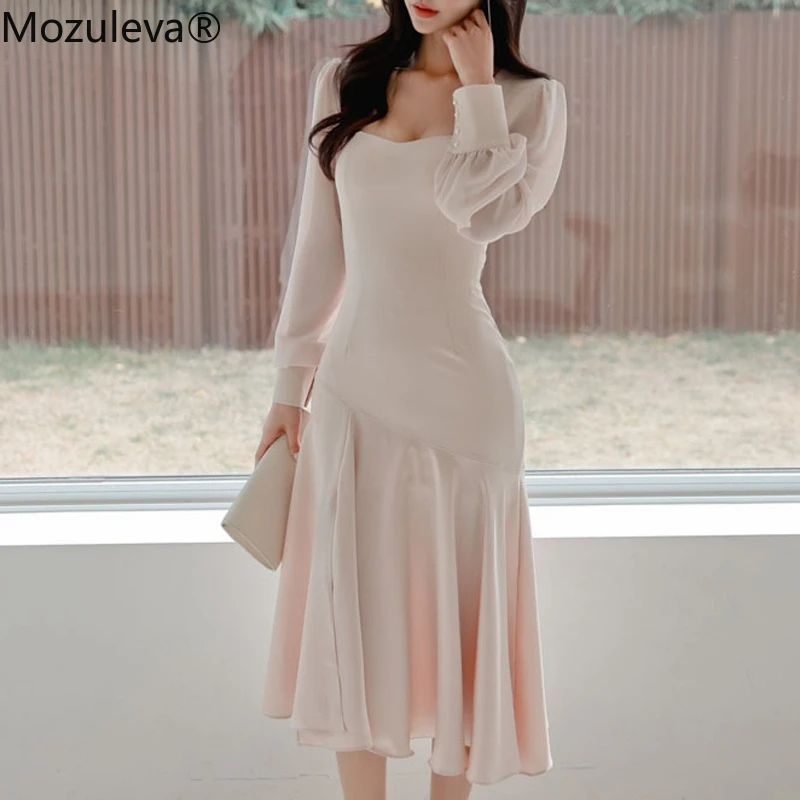 Женское платье с квадратным вырезом длинным рукавом и тонкой талией | Женская