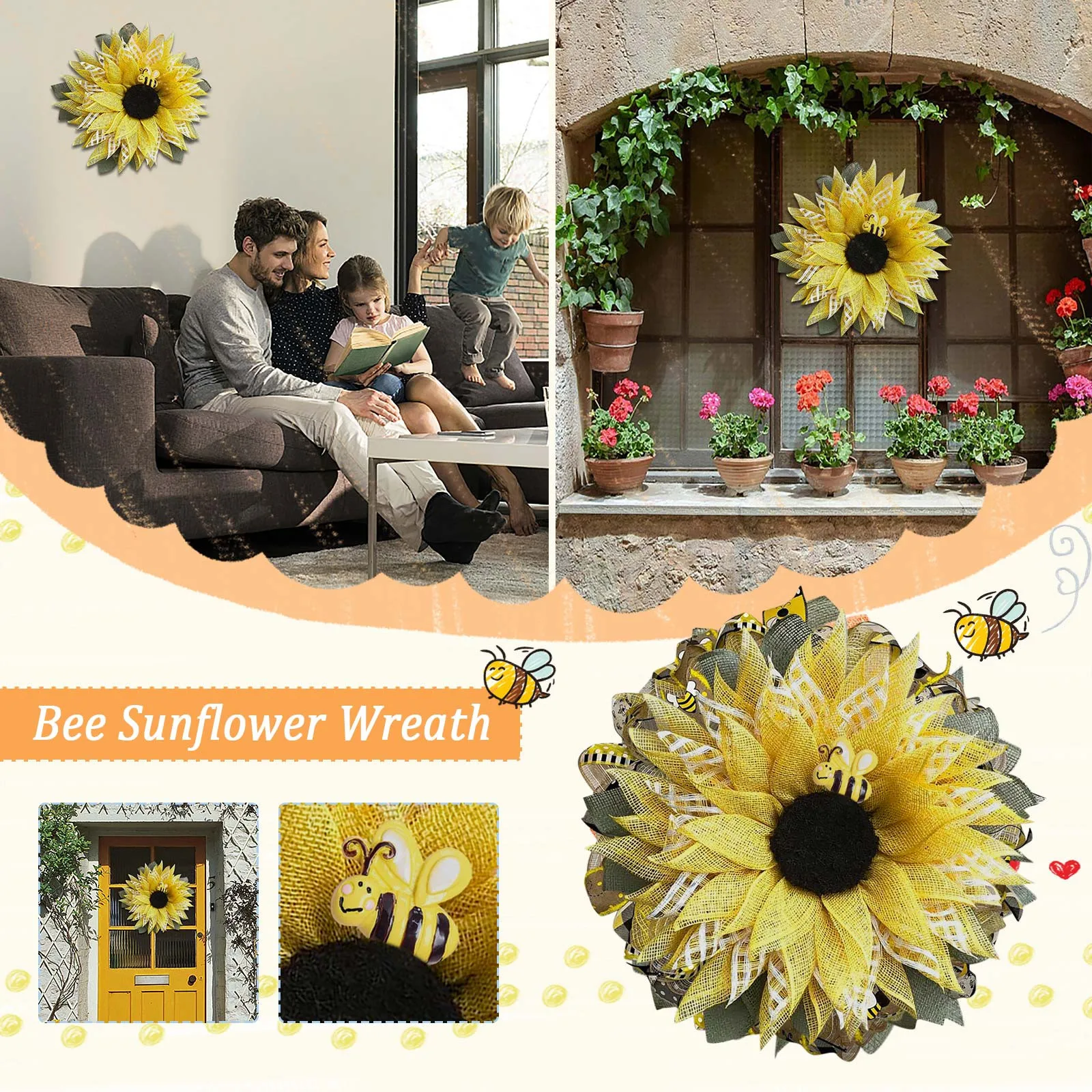 

Simulation Leaf Bee Sunflower Wreath Garland Door Hanging Accessories Pendant Wedding Artificial wreath Decor Garden Room Decor