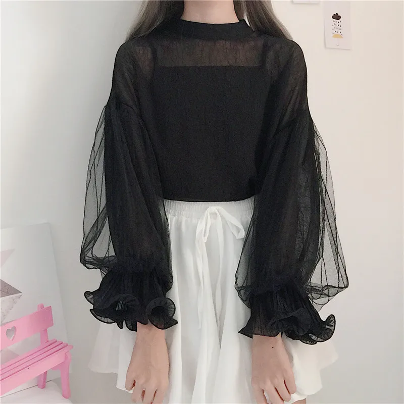 

spring autumn new white chiffon blouse Women's Clothing mesh patchwork ruffles flare sleeve Shirts Female Japanese sweet style