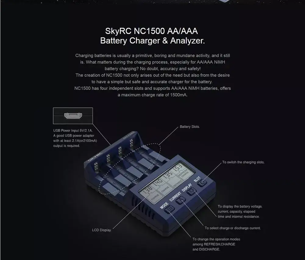 Зарядное устройство RCtown SKYRC NC1500 5 В 2 1 А 4 слота ЖК-дисплей AA/AAA для