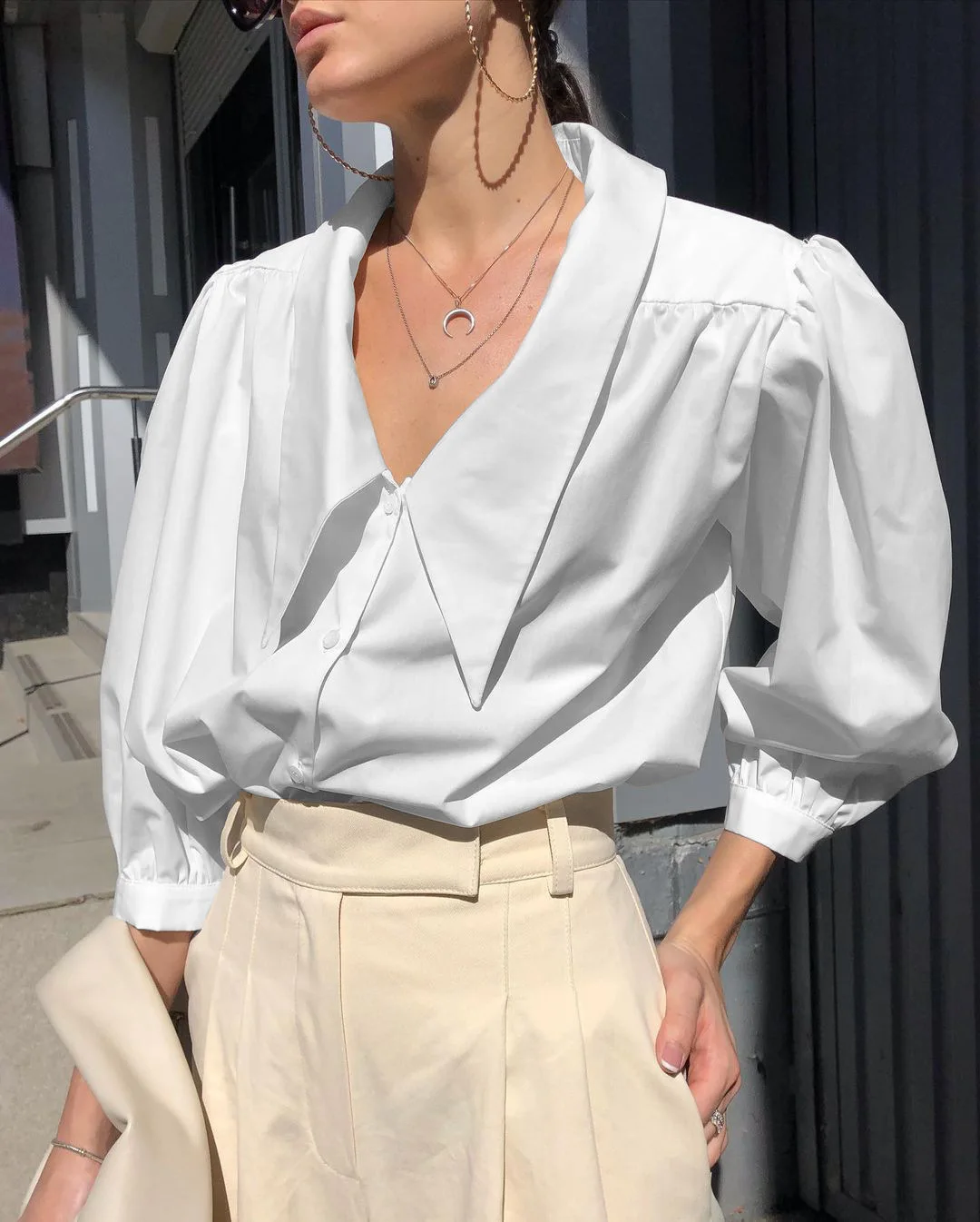 

Women chic shirt puff sleeve single breasted preppy style white shirt three quarter autumn elegant blouse tops solid womenshirts