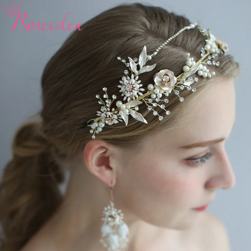 

Gold Floral Wedding Headband Bridal Tiara Leaf Bridal Headpiece Hand Hair wired Women Bride Hair Accessories RE3979